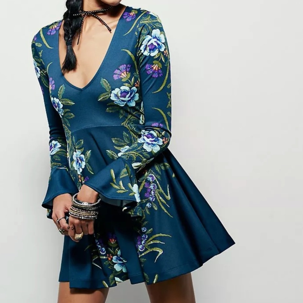 Free People Teal Keyhole Floral Skater Dress